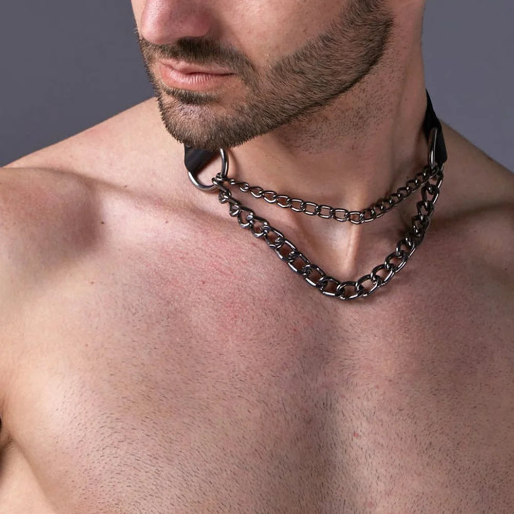 Man Harness Chain Collar PU Leather Handmade Punk Neck Necklace