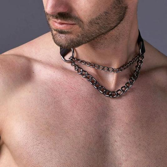 Man Harness Chain Collar PU Leather Handmade Punk Neck Necklace Peaceful Pleasures Health and Wellness LM-130