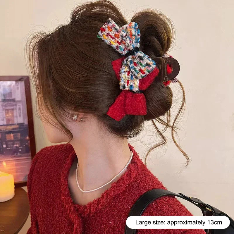 Retro Double Bow Color-Block Large Shark Hair Clip for Women