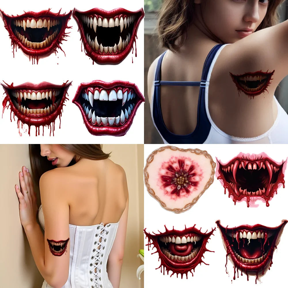 12-Pack Halloween Vampire Mouth Temporary Tattoos | 3D Waterproof