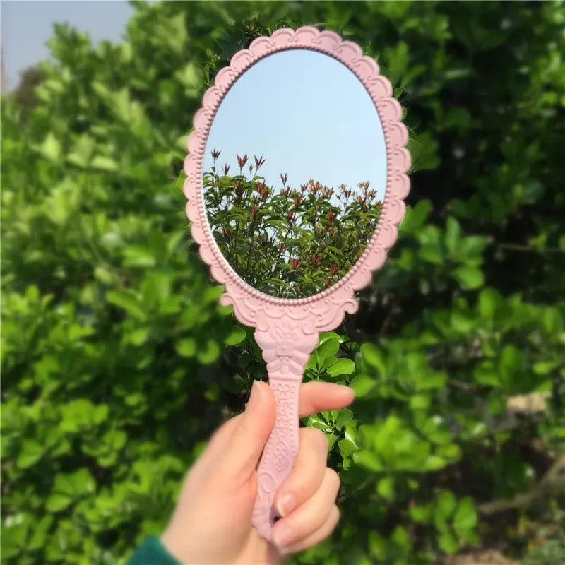 2pcs Ladies Makeup Hand Hold Mirror, Oval Round, Floral, Vintage, Princess Lady Beauty Dresser Gift Peaceful Pleasures Health and Wellness Pink