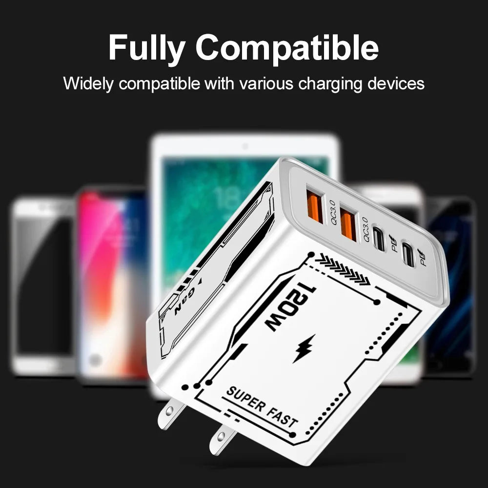 120W USB-C PD Fast Charger 4-Port Wall Adapter QC 3.0 EU/US