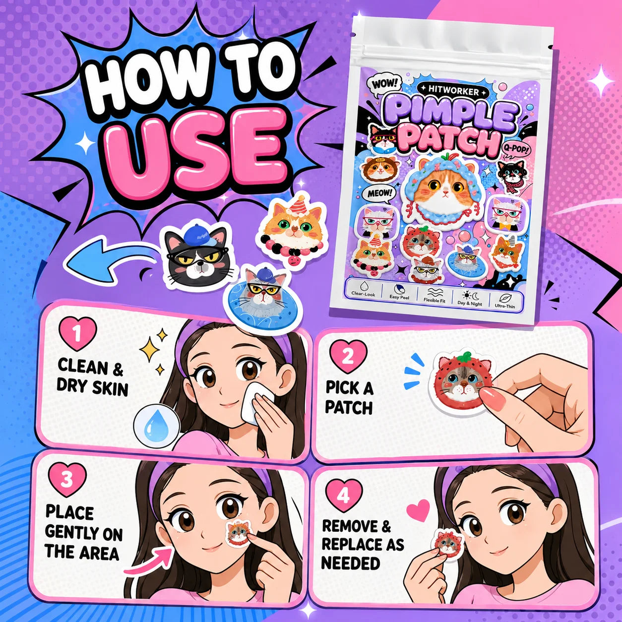 Cute Cat Hydrocolloid Spot Patches – 48/240pc | Day & Night