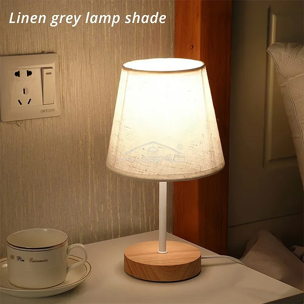 Nordic LED Desk Lamp – Wooden Base & Fabric Shade | USB Night Light