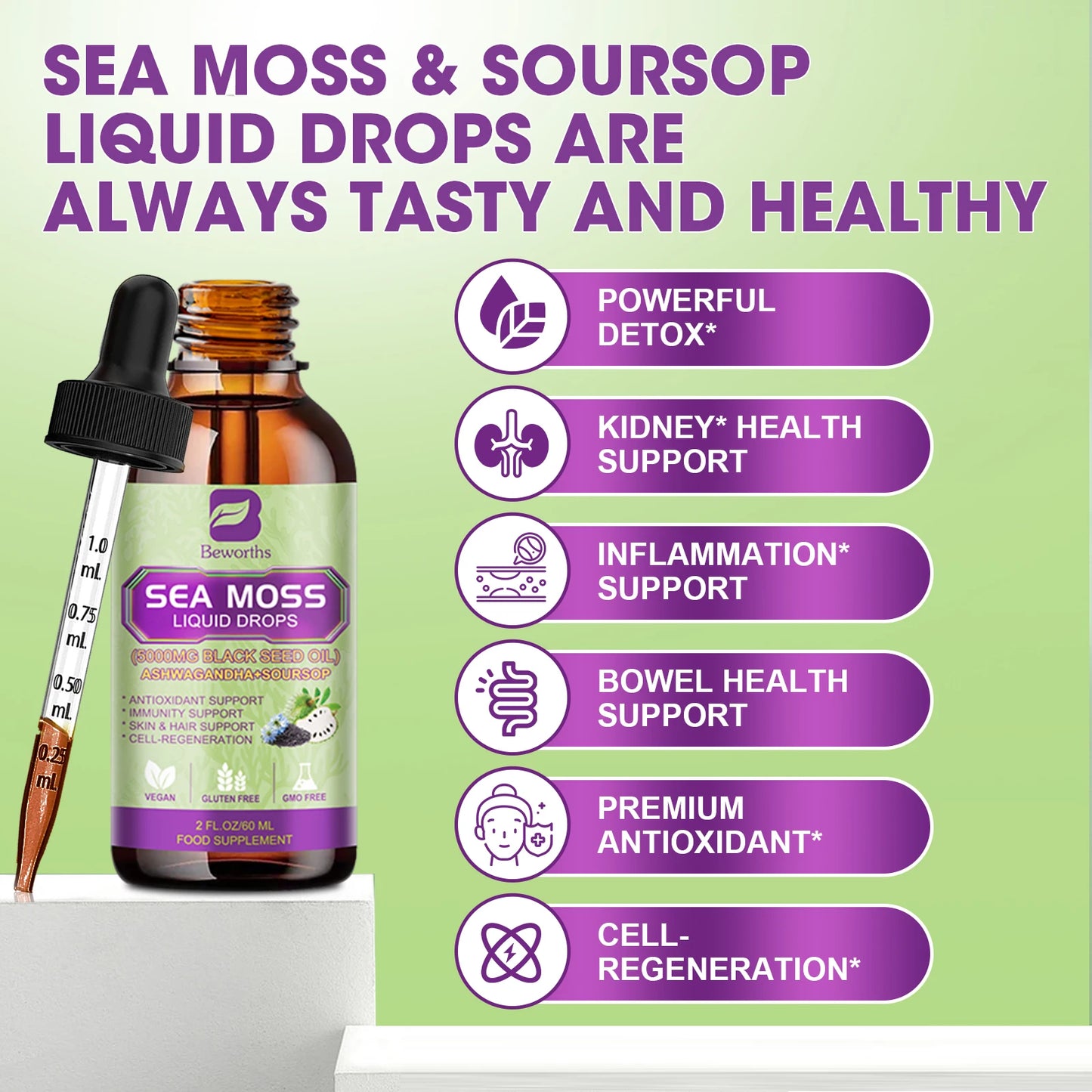 Sea Moss Extract Drops 60ml – Immunity, Digestion & Antioxidant Herbal Supplement Peaceful Pleasures Health and Wellness