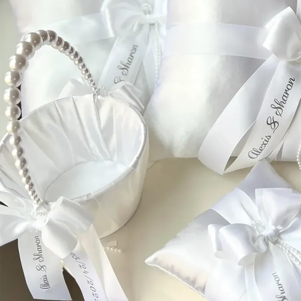 Custom Flower Girl Basket | Pearl Handle & Bow Ribbon Wedding Wedding Flower Basket Peaceful Pleasures Health and Wellness