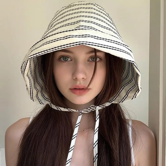 Women's Striped Bucket Hat UPF 50+ Wide Brim Beach Sun Hat Bucket Sun Hat Peaceful Pleasures Health and Wellness
