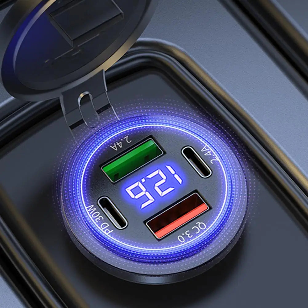 4-Port USB Car Charger 30W PD QC3.0 Fast Charging LED Display