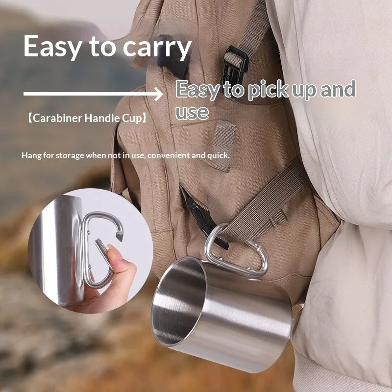Hot 300ml Camping Travel 201 Stainless Steel Cup Carabiner Hook Handle Picnic Water Mug Outdoor Travel Hike Cup Portable Mug Peaceful Pleasures Health and Wellness