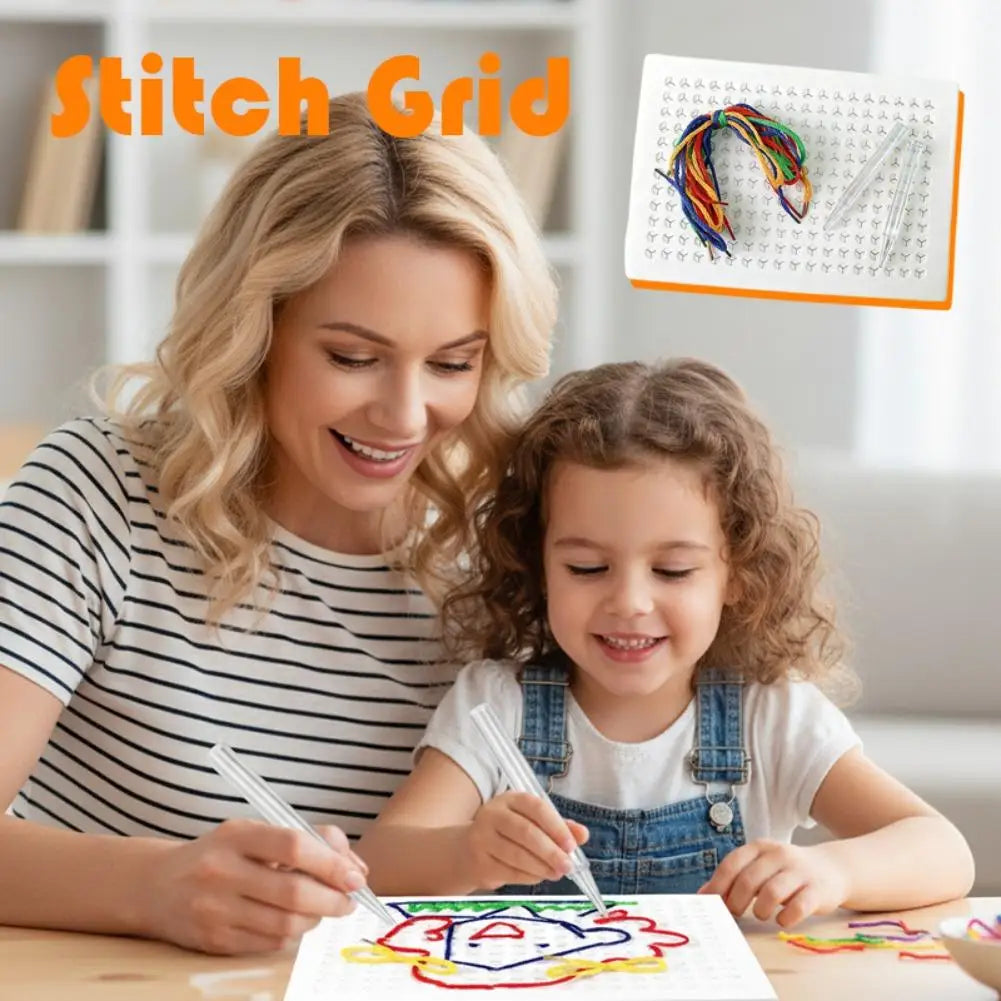 Handmade Kids DIY Threading Board Toy Colorful Grid Puzzle Rope