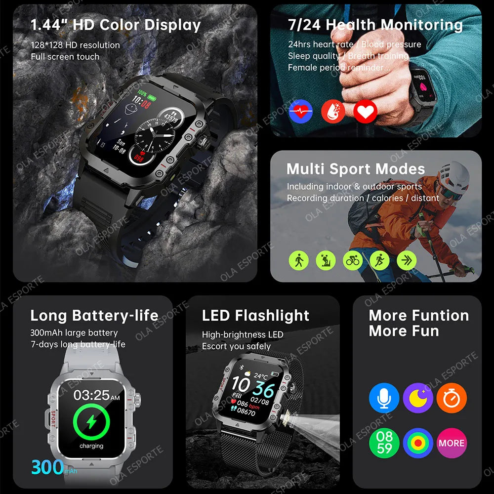 Outdoor Smart Watch – LED Flashlight & Bluetooth Calling 1.44"