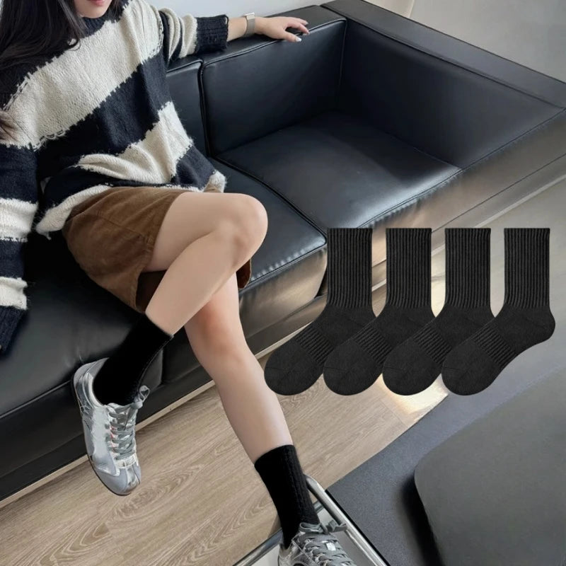 8/4 Pairs of Fashionable Classic Women's Mid-Calf Socks, Black and White Sports Socks, Suitable for Both Men and Women, Large Size Women's Socks: Size 36-43, Soft and Breathable for Spring, Summer, and Autumn, Simple Style, S Peaceful Pleasures Health and Wellness 4 Pairs Black One Size