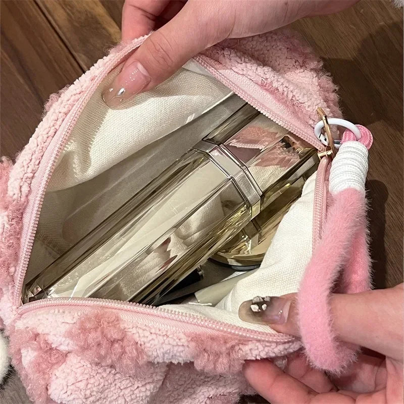 Plush Makeup Bag with Handle | Love Print Travel Cosmetic Pouch