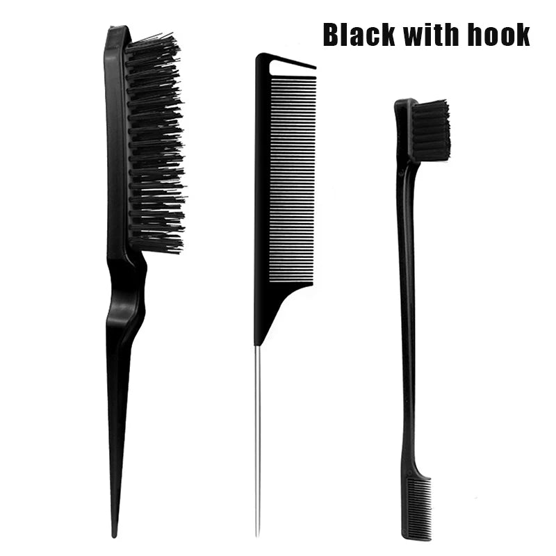 3-Piece Hair Styling Comb & Brush Set – Edge & Rat Tail Comb Hair Comb Brush Set Peaceful Pleasures Health and Wellness with hook Black