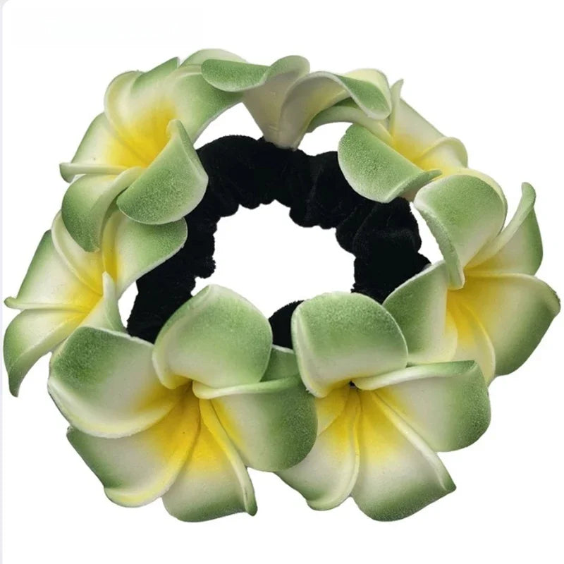 2pcs Hawaii Flower Hair Scrunchies Foam Plumeria Hair Rope Frangipani Egg Flower Headdress for Beach Party Wedding Bridal Girl Peaceful Pleasures Health and Wellness green