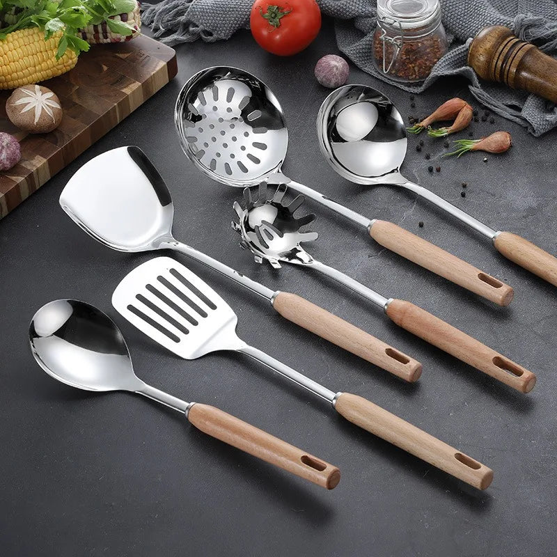 6-Piece Wooden Handle Stainless Steel Kitchen Utensil Set – Beech Wood Cooking Spoons & Spatulas