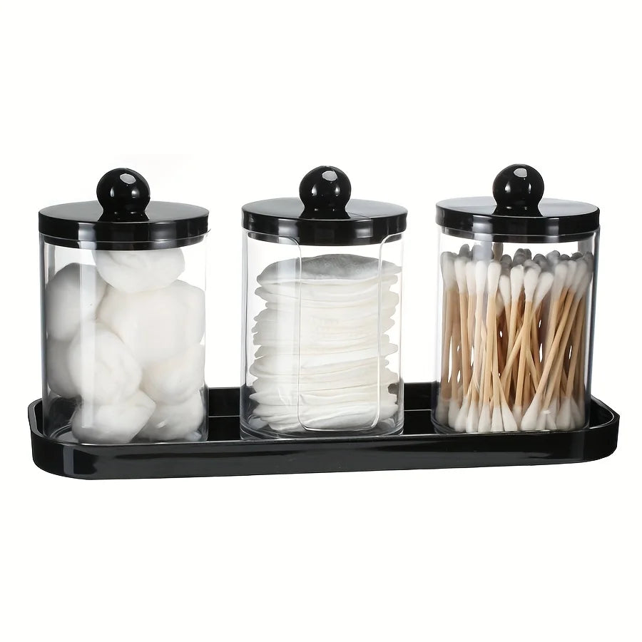 Apothecary Jar Qtip & Cotton Round Holder with Tray – 3 Pack Bathroom Organizer Set