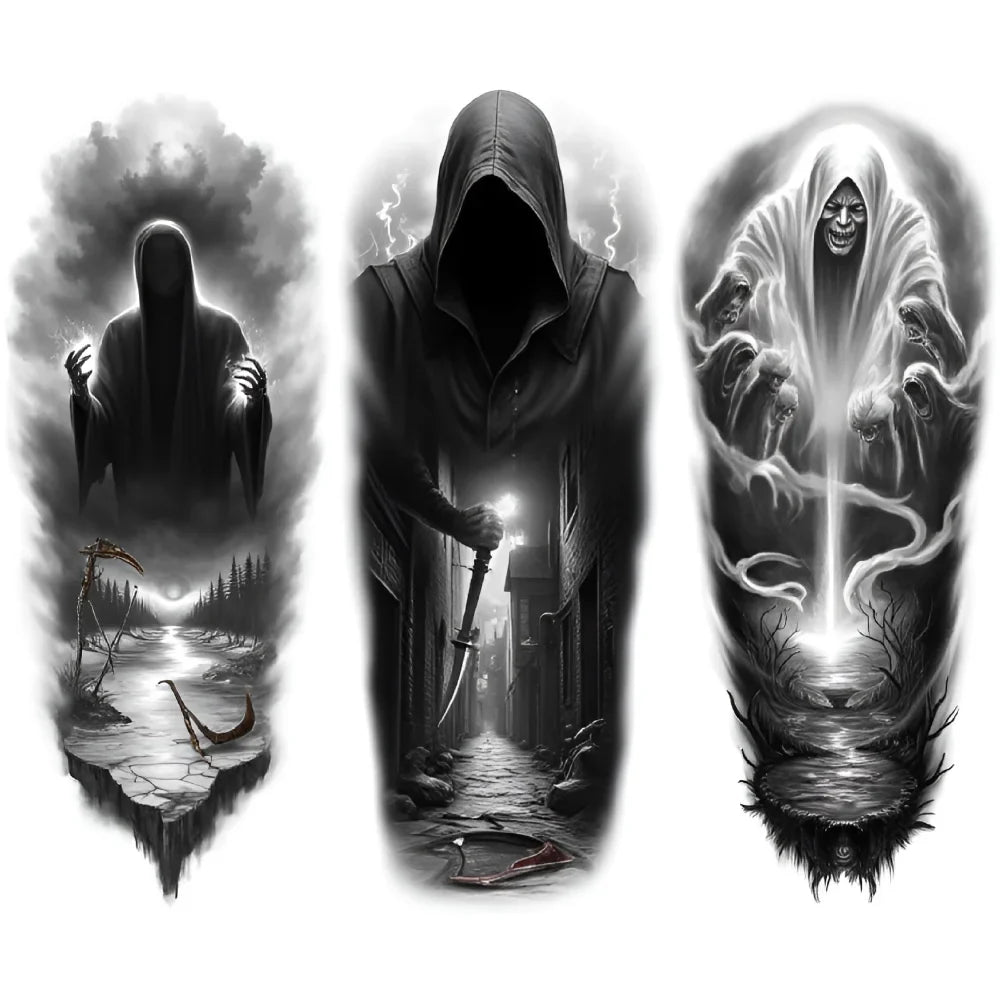 3-Pack Skull & Grim Reaper Temporary Tattoos – Black & Grey
