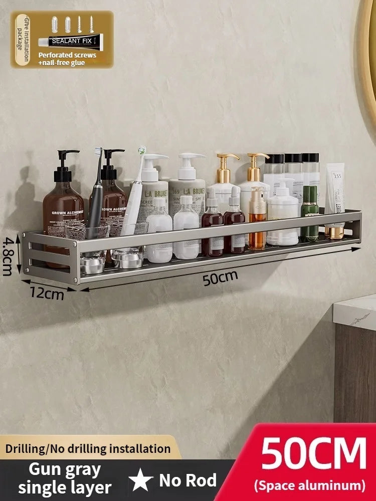 Aluminum No-Drill Shower Corner Shelf with Towel Bar