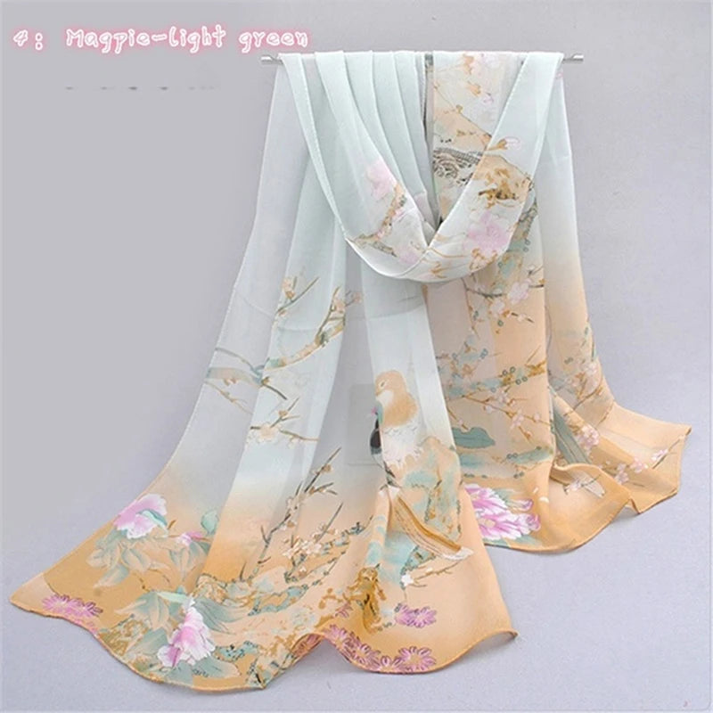 Women Chiffon Scarf Fashion Leisure Butterflies Branch Pattern Long Shawl Versatile Elegant Minimalist Retro Female Scarves Peaceful Pleasures Health and Wellness Magpie Light Green One Size