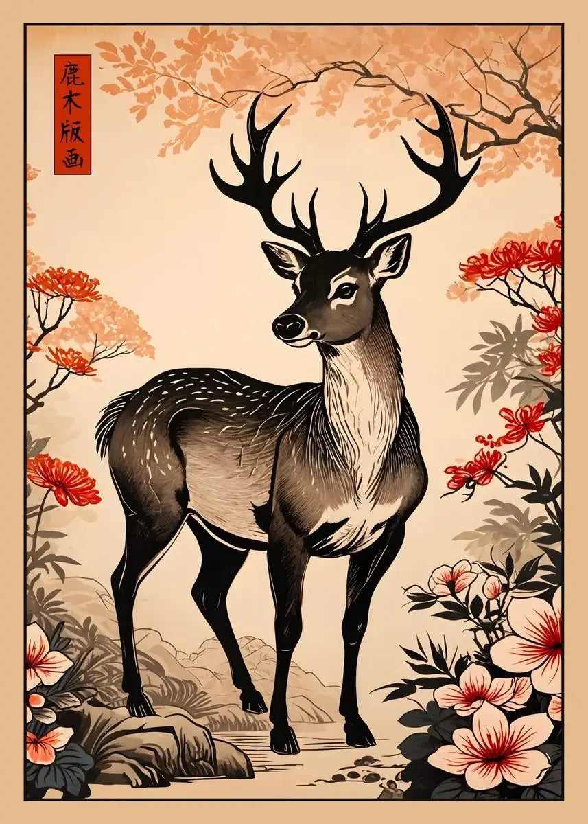 Japanese Animal Canvas Print | Vintage Tiger Fox Deer Retro Poster