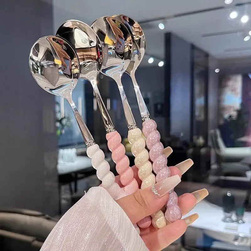 2026 New 304 Stainless Steel Spoon Girl Pearl Five-color Imitation Ceramic Handle Spoons Household Long Handled Dining Spoon Peaceful Pleasures Health and Wellness