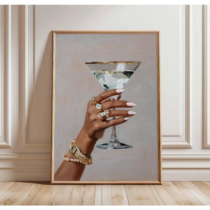 Chic Martini Glass Poster Hand Holding Cocktail Modern Champagne Canvas Painting Fashion Wall Art Bar Kitchen Room Home Decor Peaceful Pleasures Health and Wellness 2 50x70cm Unframed