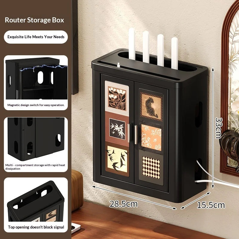 Retro Mid Century Modern WiFi Router Storage Box with Cable Management and Power Strip Holder for Living Room Office Desk Peaceful Pleasures Health and Wellness black