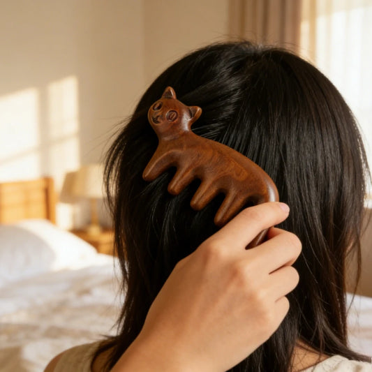 Cat Shaped Sandalwood Comb Scalp Relaxation Acupoint Massager Portable Wooden Handle Five Tooth Comb Anti-static Styling Tools Peaceful Pleasures Health and Wellness