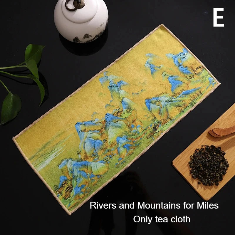 1pc Kung Fu Tea Towel with Ancient Style Thick and Absorbent Multifunctional High-end Painted Tea Cloth Peaceful Pleasures Health and Wellness E 30x16cm