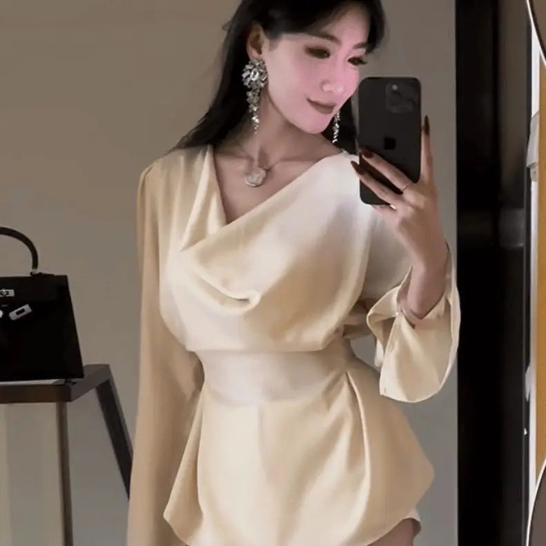 Women's Satin Flare Sleeve Blouse – Elegant Office Tunic Top