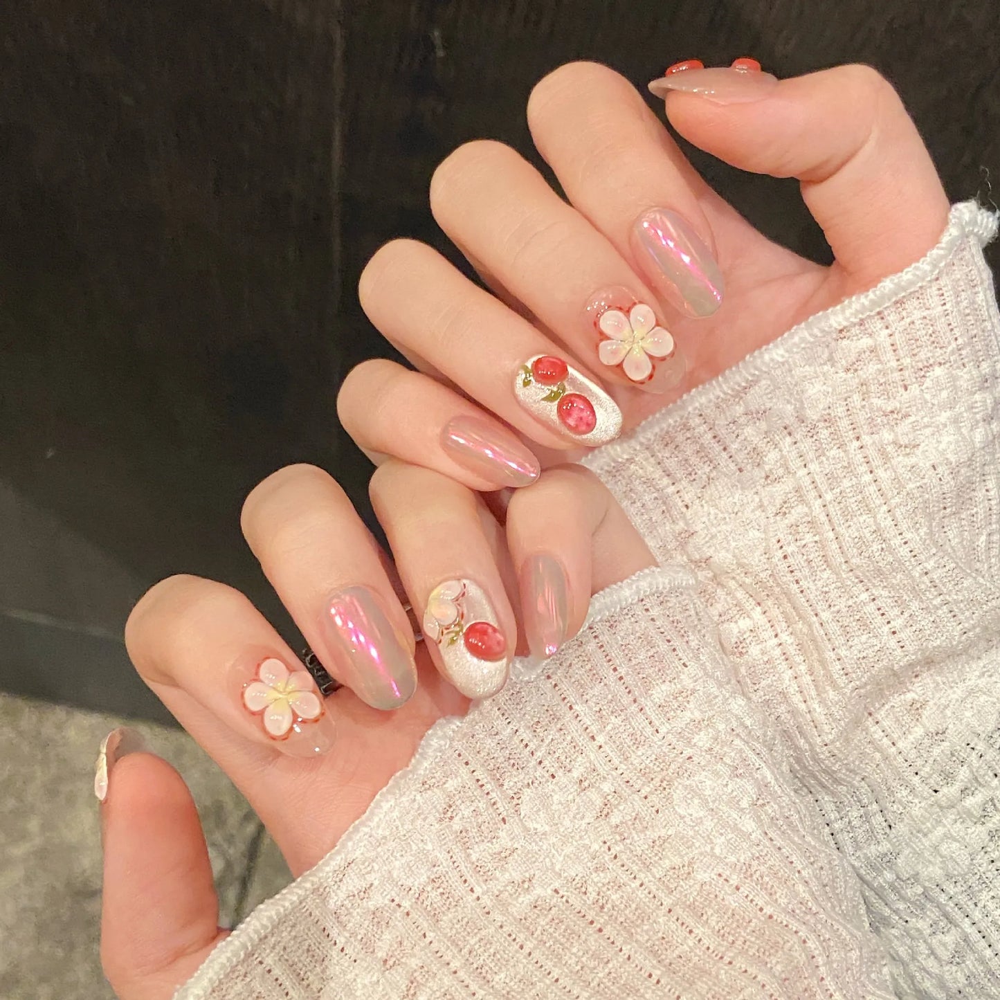 Handmade Press-On Nails 3D Strawberry Flower Aurora | 10 Pcs Press-On Nail Tips Peaceful Pleasures Health and Wellness