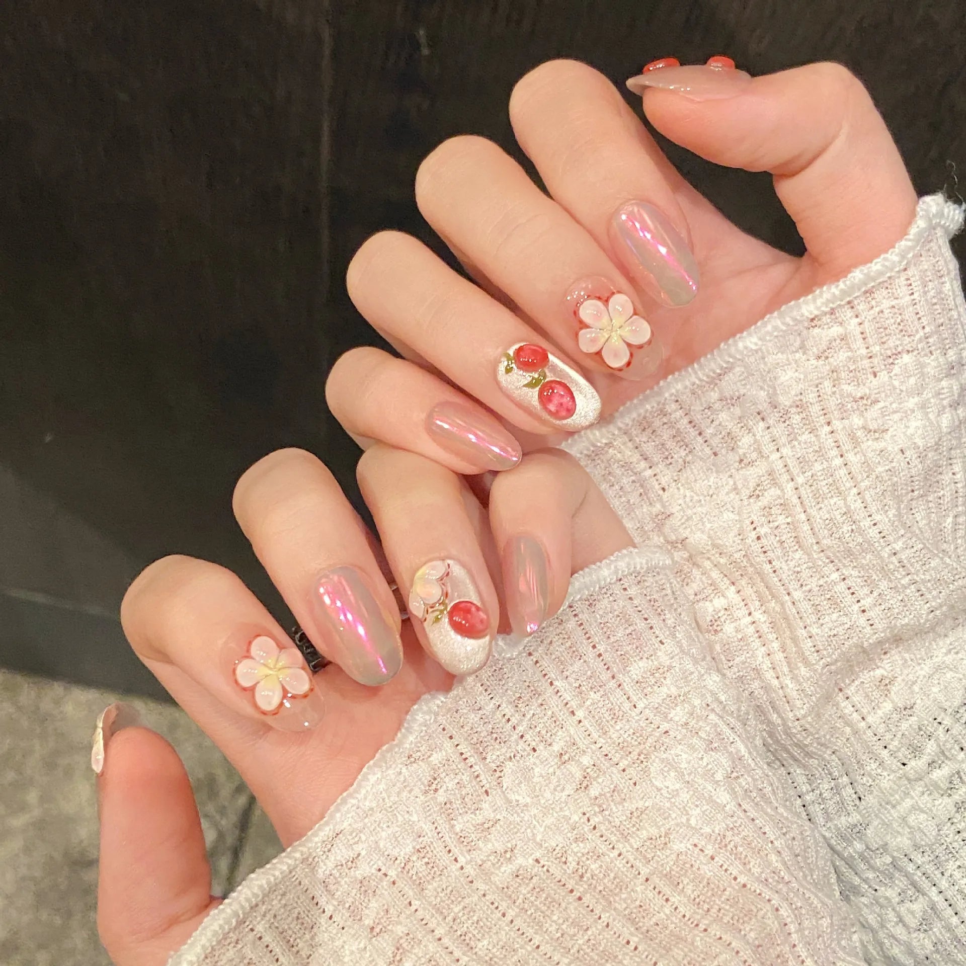 Handmade Press-On Nails 3D Strawberry Flower Aurora | 10 Pcs Press-On Nail Tips Peaceful Pleasures Health and Wellness