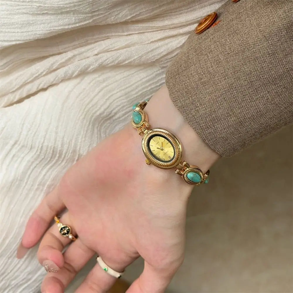 Oval Gemstone Ladies Quartz Watch – Elegant Jade Bracelet