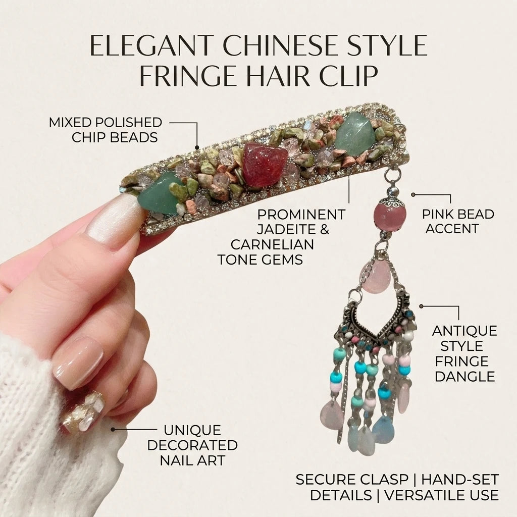New Chinese Style Hair Clip With Colored Stone Fringe For Wedding And Daily Use Peaceful Pleasures Health and Wellness