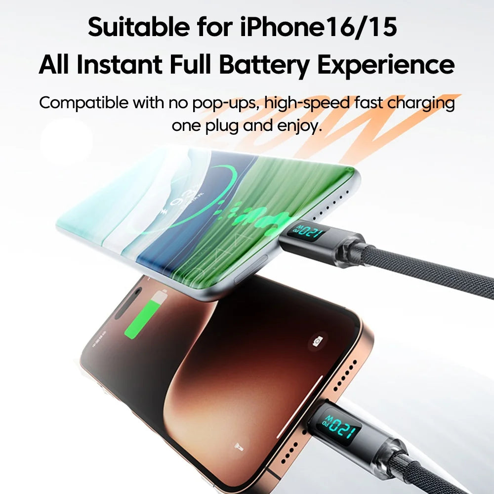 120W Retractable USB-C Car Charging Cable | Digital Display