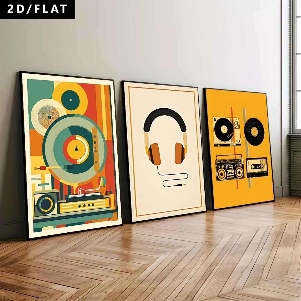 Retro Vinyl Records & Cassette Tapes Canvas Wall Art | 3-Piece Set Canvas Wall Art Peaceful Pleasures Health and Wellness