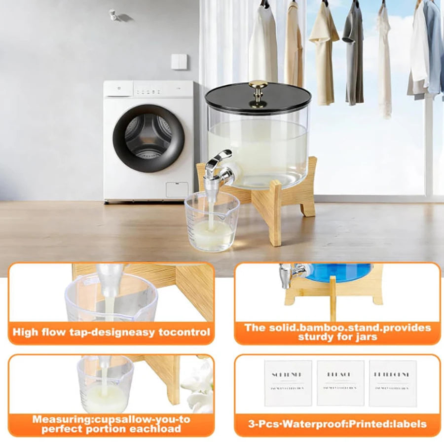 Laundry Detergent Dispenser with Shelf Stand & Spout Lid – Round PS Plastic Container for Laundry Room Organization
