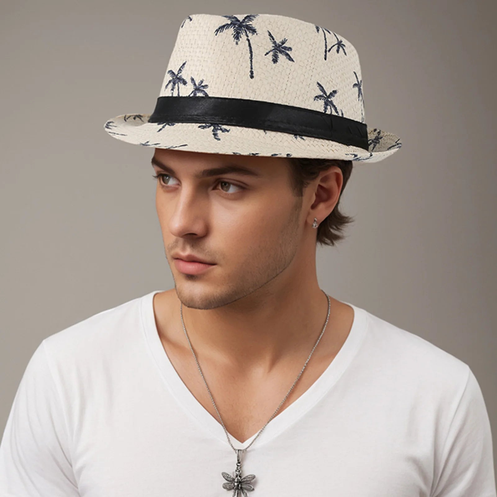 Summer Beach Woven Sun Hats Men Women Coconut tree print Jazz Sun Protection Travel Outdoor Panaman Straw Hats Unisex Peaceful Pleasures Health and Wellness