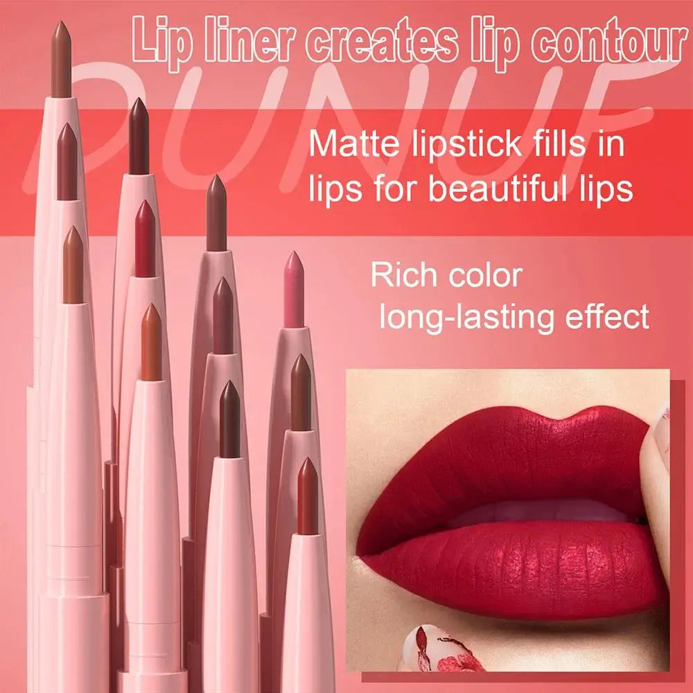 DUNUF 12-Color Matte Lipstick & Lip Liner Set – Waterproof
