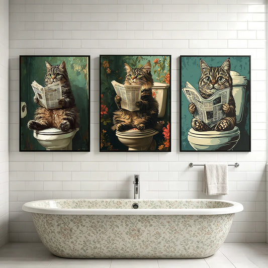 Funny Cat Vintage Canvas Wall Art | Nordic Bathroom Poster Print Canvas Wall Art Peaceful Pleasures Health and Wellness
