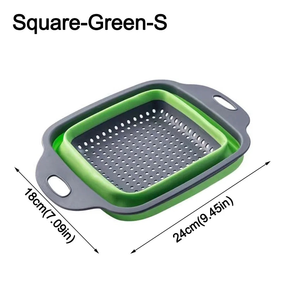 Silicone Folding Drainer Basket Drain Device Multifunctional Fruit Vegetable Washing Basket Food Grade Collapsible Colander Peaceful Pleasures Health and Wellness Square-Green-S