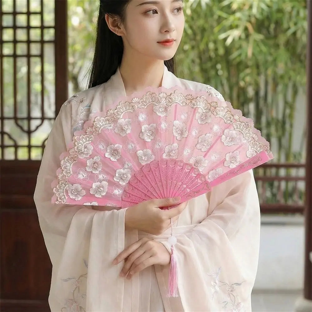 Chinese Folding Fan – Flower Pattern Hanfu Fan with Tassel