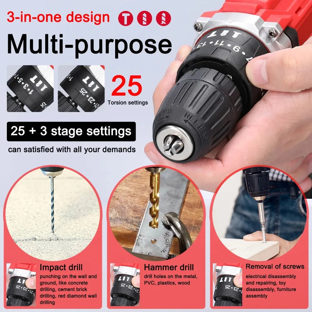 21V Cordless Lithium Drill 25 Gears Torque 2 Speed Stepless Brush Motor Forward Reverse Electric Drill Peaceful Pleasures Health and Wellness