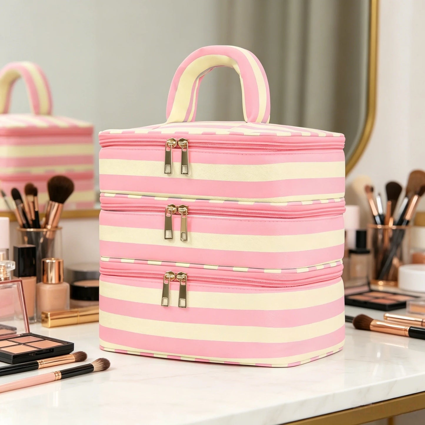 Large 3-Layer Travel Makeup Bag Organizer with Handle