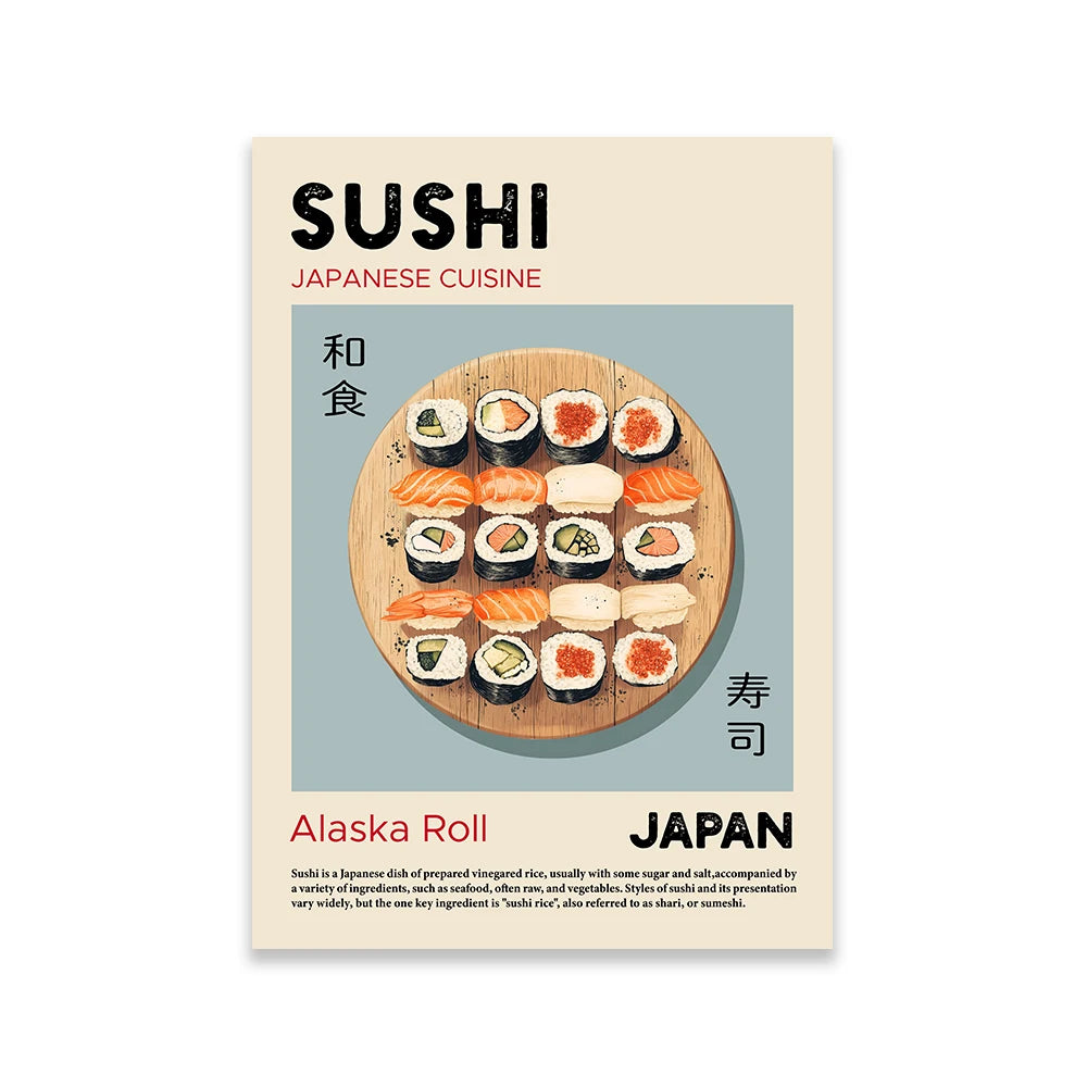 Kitchen Food Poster Pizza Ramen Sushi Spaghetti Kimchi Pancakes Croissant Dumpling Wall Art Canvas Print for Dinning Room Decor Peaceful Pleasures Health and Wellness
