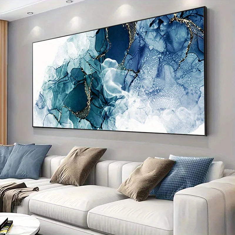 1pc Frameless Modern Abstract Fluid Art Canvas - Striking Blue, White & Golden Swirls for Living Room & Bedroom Decor, Wall Art Peaceful Pleasures Health and Wellness