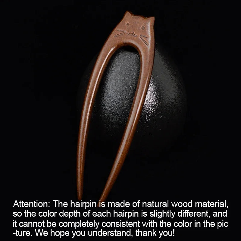 Chinese Cat Pattern Hair Sticks Wooden U Shaped Hair Forks for Women Girls Hanfu Hairpin Headwear Headpieces Hair Accessories Peaceful Pleasures Health and Wellness A