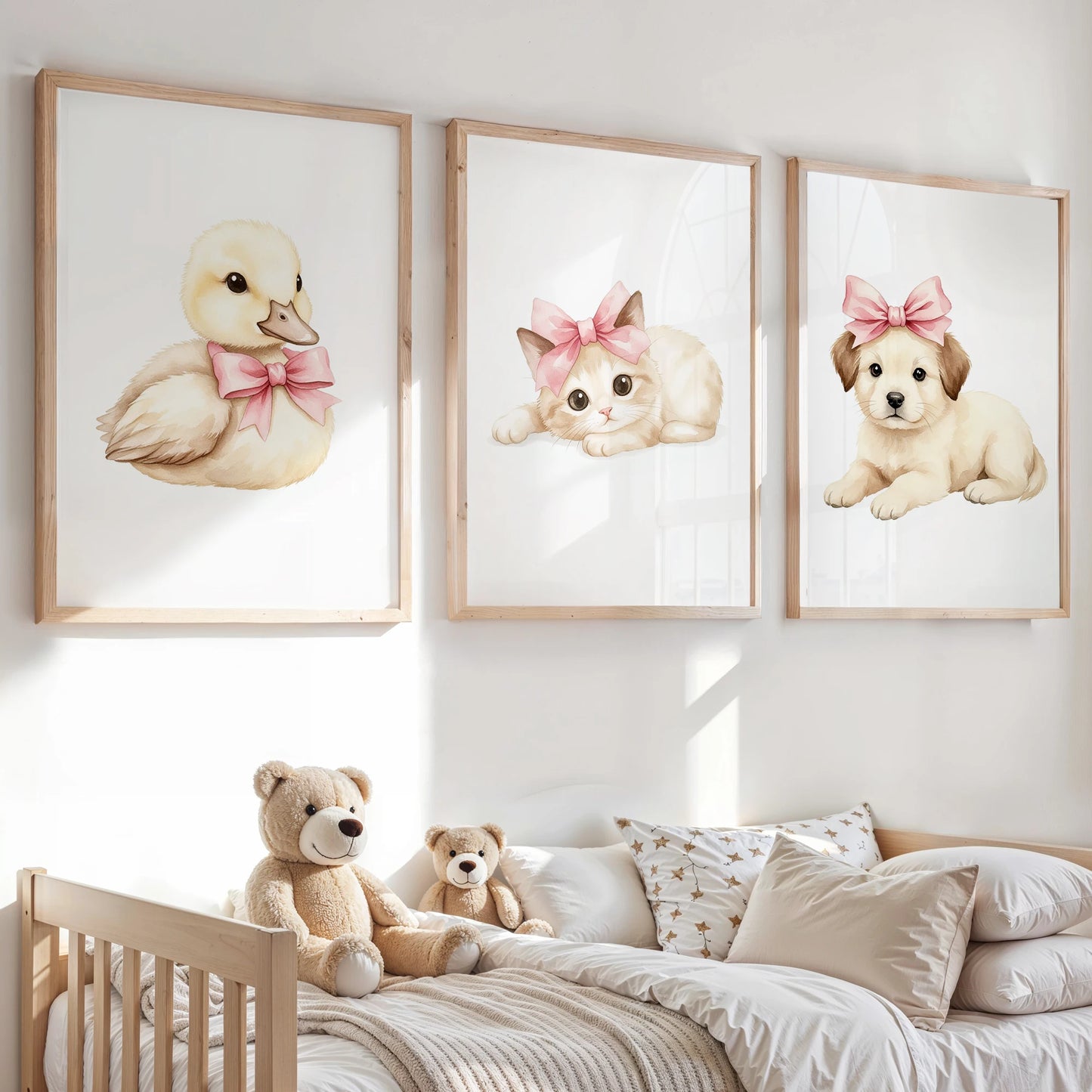 3-Piece Cartoon Animals Pink Bow Canvas Wall Art | Kids Decor