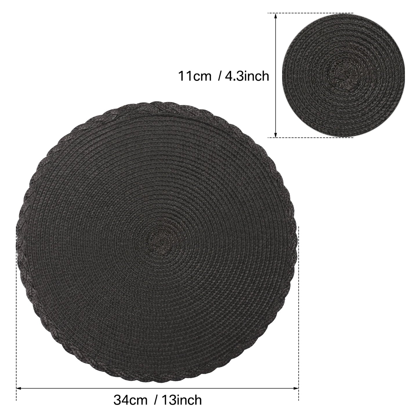 33.5CM Round Placemats Set of 6 Small Circle PP Place Mats Washable Table Mats for Dining Table Woven Heat Resistant Placemats Peaceful Pleasures Health and Wellness B Black Set of 6